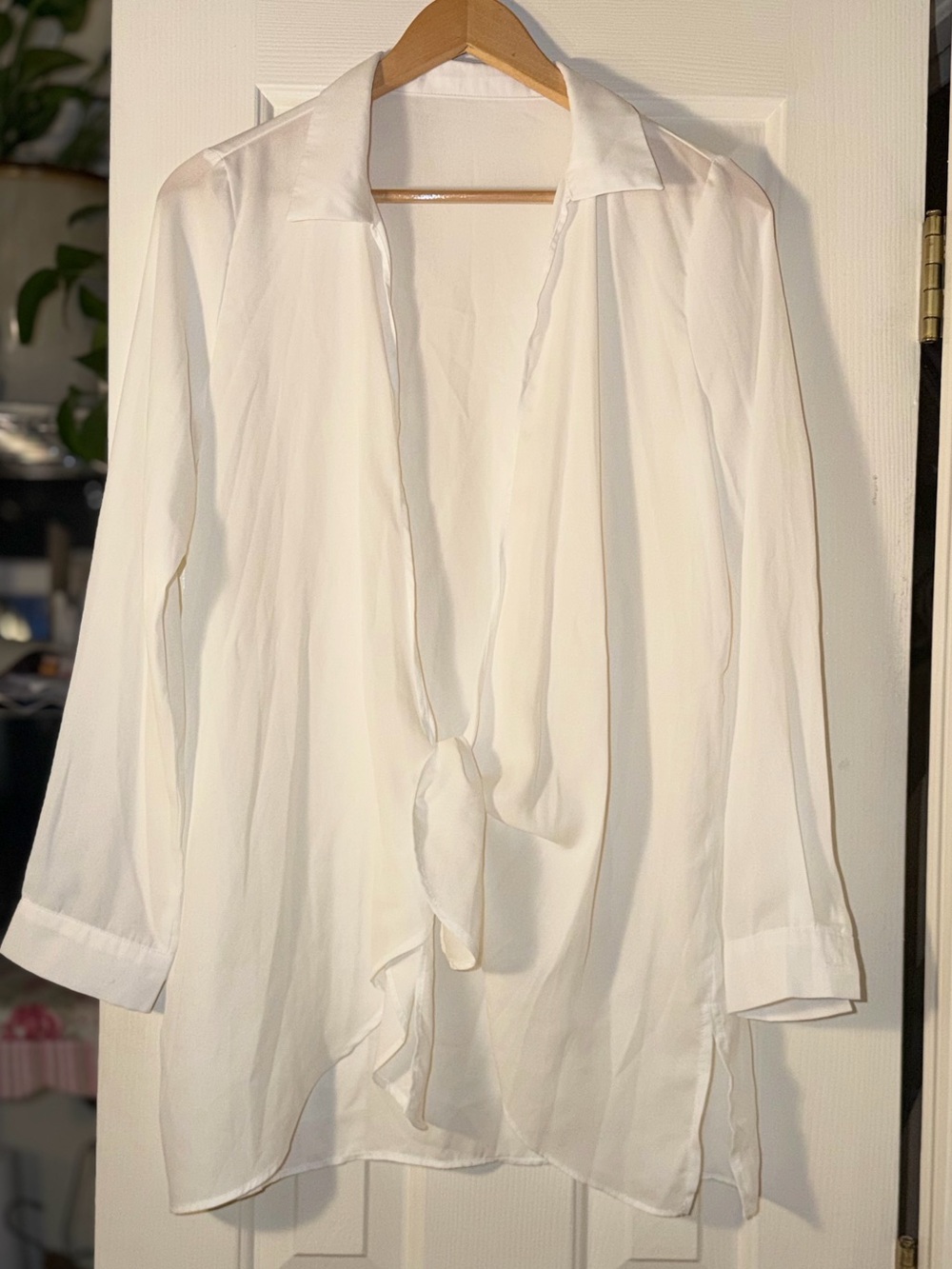 White Draped Tie Front Tunic Blouse Long Sleeve Relaxed Women’s M L